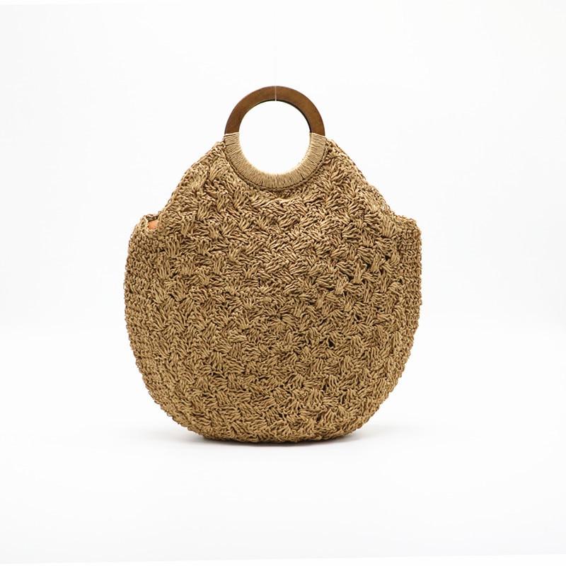 Women Woven Bag Wooden Handle Straw Shoulder Bag