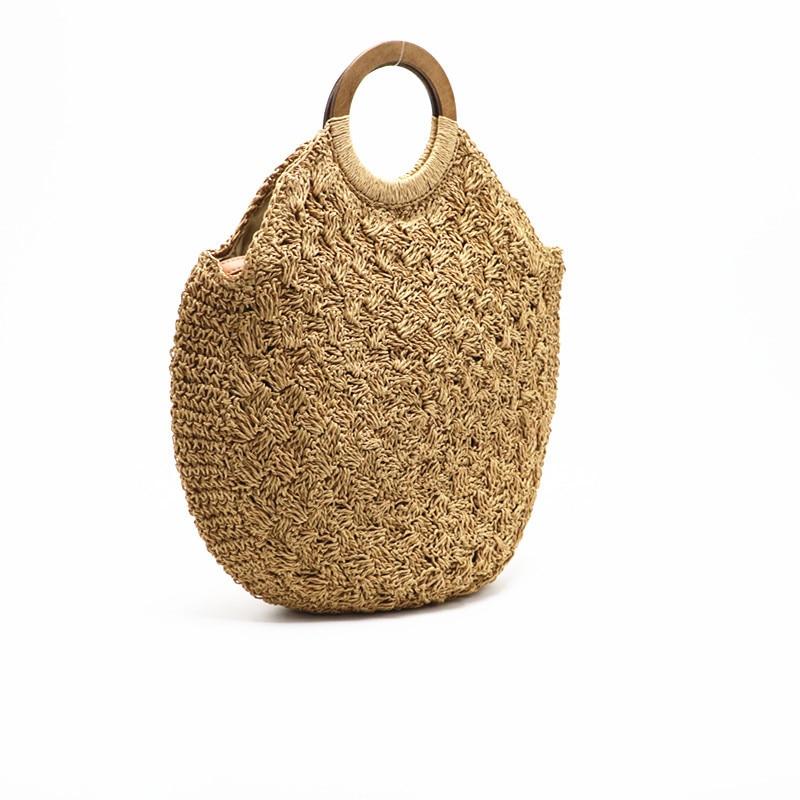 Women Woven Bag Wooden Handle Straw Shoulder Bag