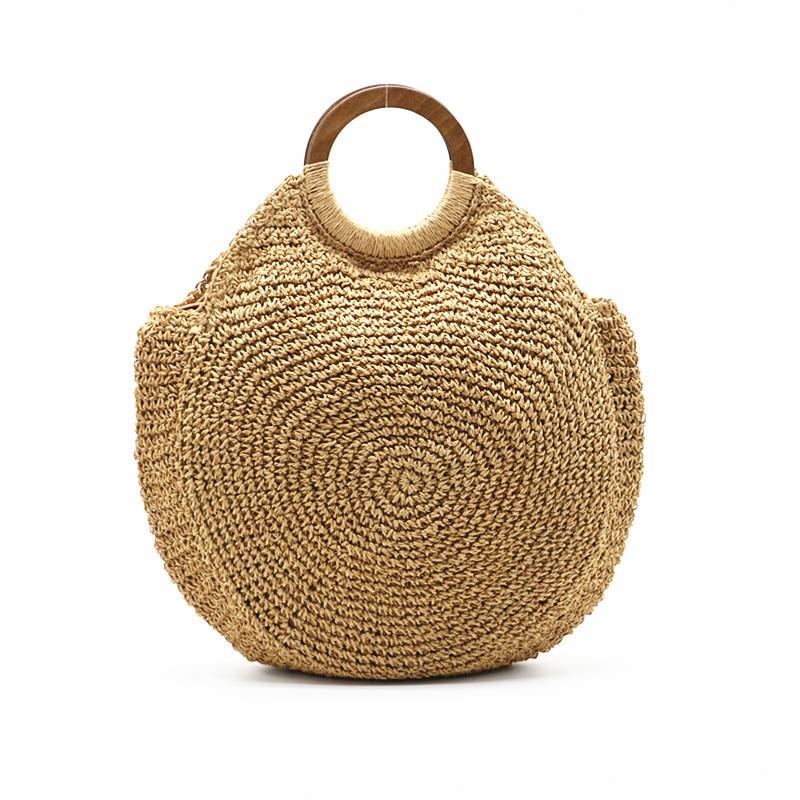 Women Woven Bag Wooden Handle Straw Shoulder Bag