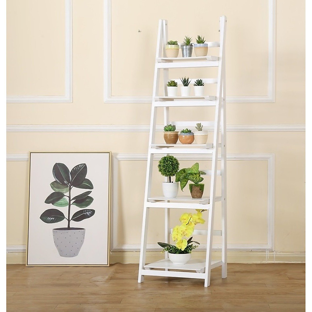 5 Tier Wooden Ladder Shelf Stand Storage Book Display Rack - White