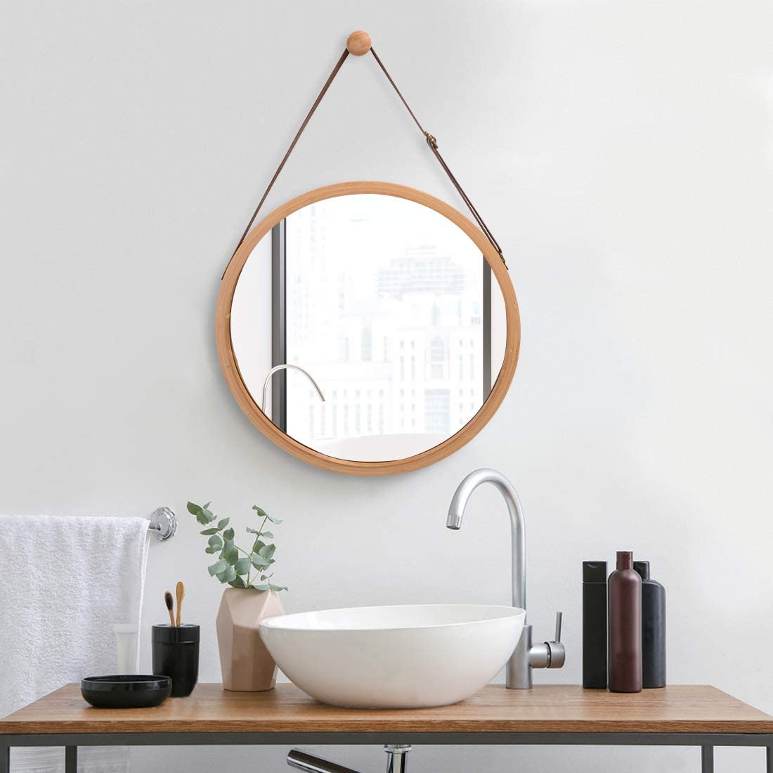 Hanging Round Wall Mirror (38 cm) (Solid Bamboo Frame)