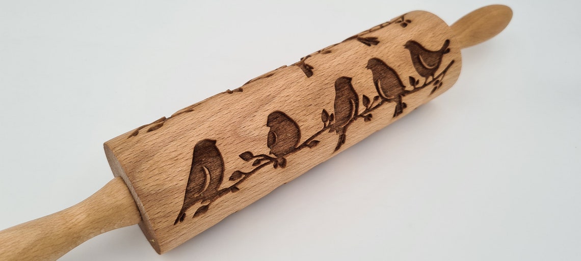 Engraved Rolling Pin (Natural Wood, Bird pattern)
