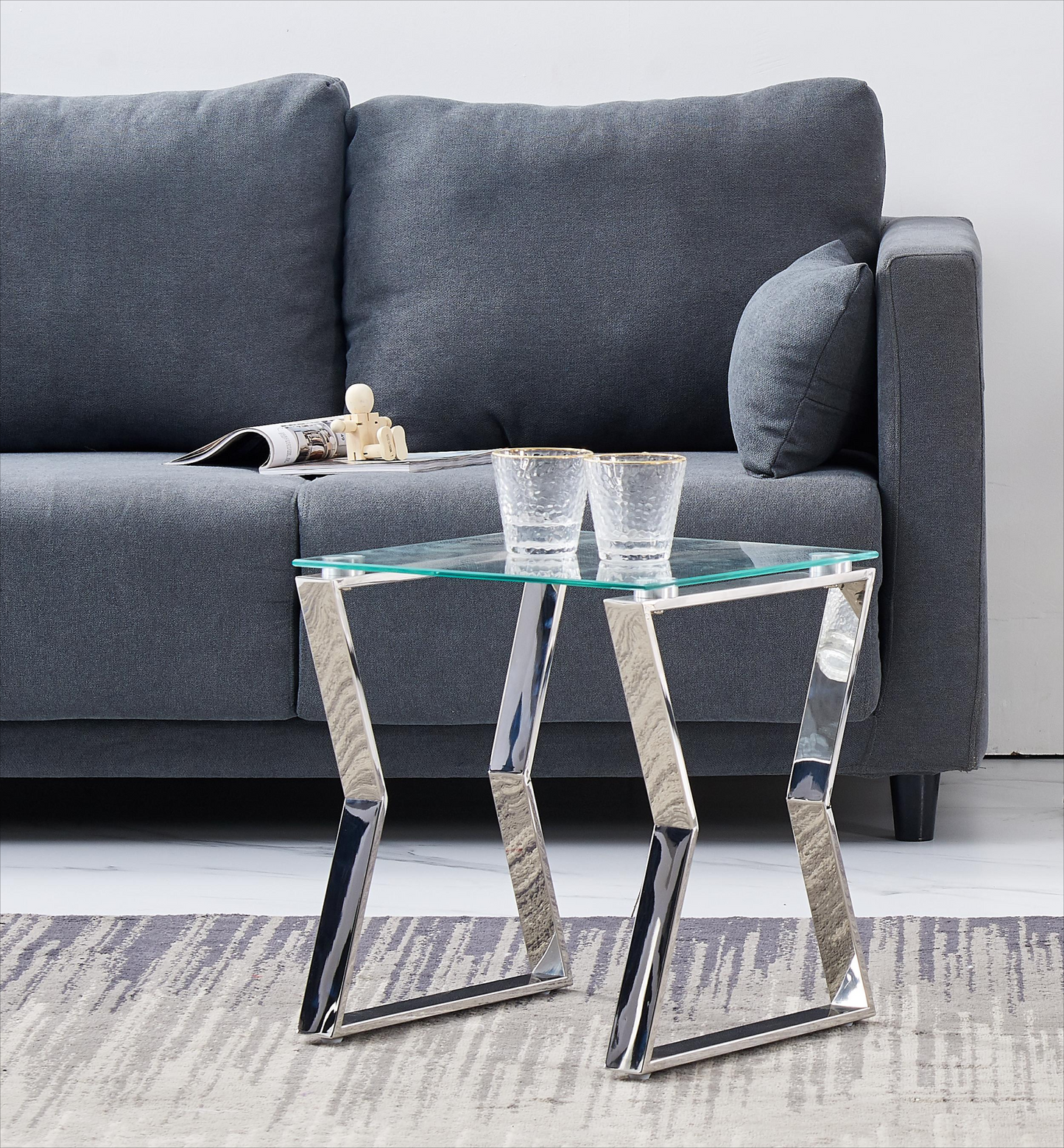 Stainless Steel End Table Silver Glass Table for Living Room